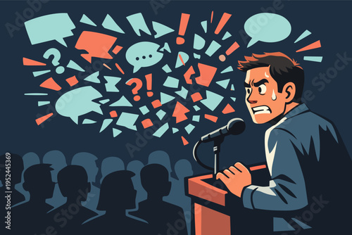 Man experiencing public speaking anxiety and fear of criticism while addressing a questioning and critical audience