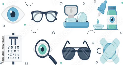 Eye Care and Vision Health Vector Illustration Set Featuring Glasses, Contact Lenses, Eye Drops, Vision Test Chart, Magnifier, and Optical Treatment Elements.