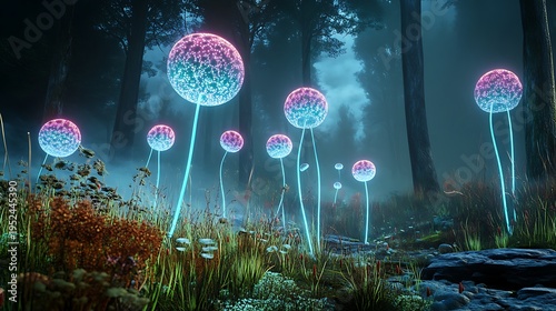 Mystical bioluminescent flowers enchanted forest digital art fantasy environment dreamlike viewpoint