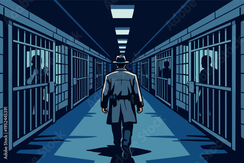 Detective walking through dark prison corridor, investigating crime in atmospheric noir illustration style