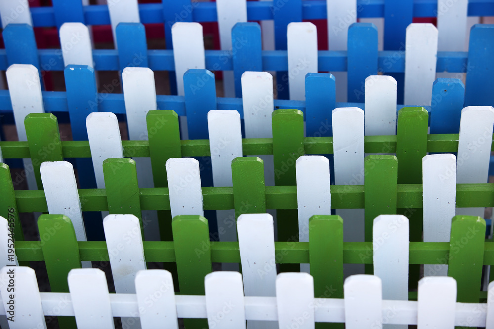 Fototapeta premium Colorful Wooden Fence Pattern with Vertical and Horizontal Elements