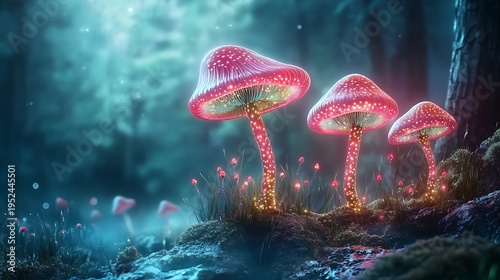 Illuminated mushroom forest enchanted woods fantasy art magical environment close-up view nature concept