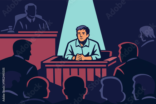 Witness testifying in courtroom, spotlight illuminating man giving evidence during legal trial, facing judge and jury