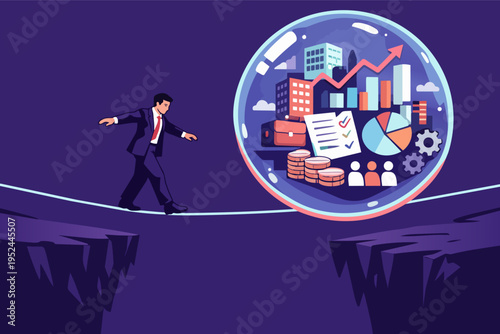 Businessman walking tightrope toward a financial bubble, representing business risk, stability, challenge, and investment growth