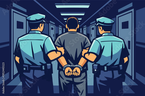 Two police officers escorting a handcuffed person through a prison corridor. Concept of arrest, law, order, and crime