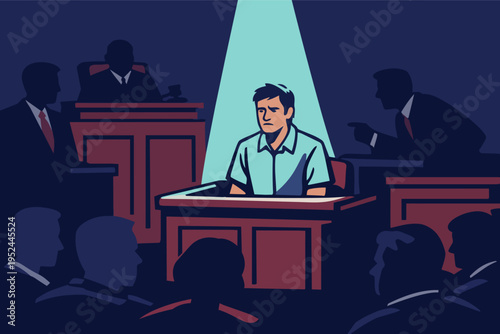 Accused person feeling judgment and pressure during a legal trial in a courtroom spotlight