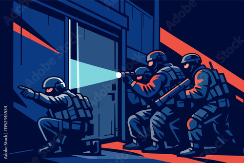 Swat team performing a stealth mission, breaching a building entry in darkness for law enforcement action
