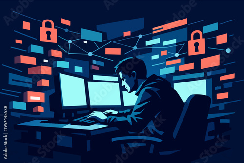 Hacker on multiple screens working on cybersecurity, data protection, and network security, with digital locks and code blocks