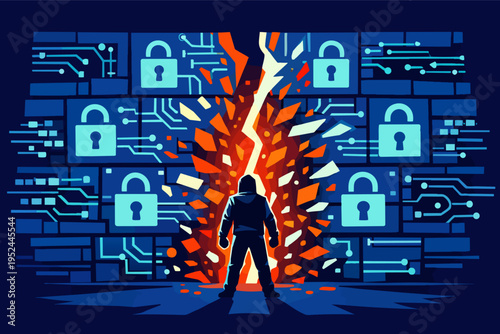 Hooded figure breaking through a digital firewall, representing a cyber attack, data breach, and security vulnerability