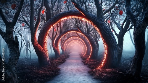 Mystical illuminated pathway through enchanted forest fantasy landscape nighttime setting ethereal ambience