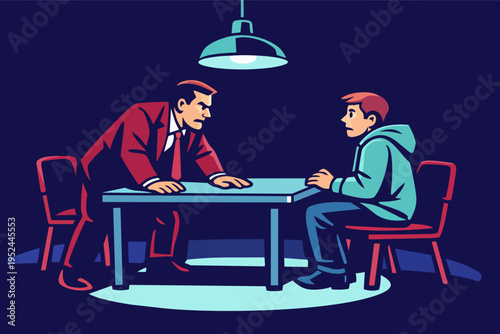 Interrogating suspect by detective in dimly lit room, questioning authority, legal investigation, crime concept, police interview
