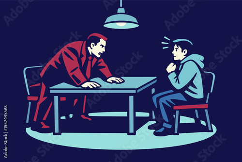 Interrogating a suspect under bright lamp light, investigating crime and questioning a witness in a dark room