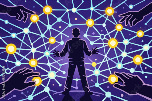 Man connecting with global network, hands interacting with diverse social media community and digital transformation