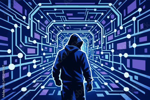 Hooded hacker standing in digital circuit tunnel, symbolizing cybersecurity threat, data breach, and virtual system intrusion