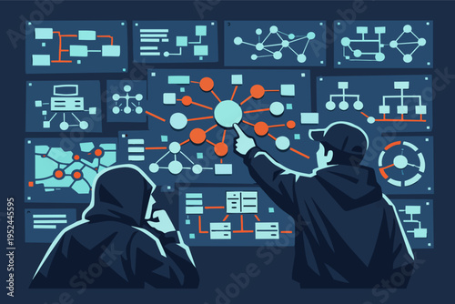 Cybersecurity specialists analyzing network data, monitoring system vulnerabilities and protecting digital infrastructure