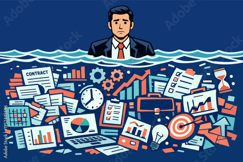 Businessman struggling with office work submerged under a sea of documents, charts, computer, and gears