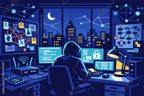 Hacker working on multiple screens in dark room, engaging in cybercrime with secure network and city surveillance