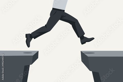 Businessman making a leap of faith across a gap, challenging obstacles and seeking success in business