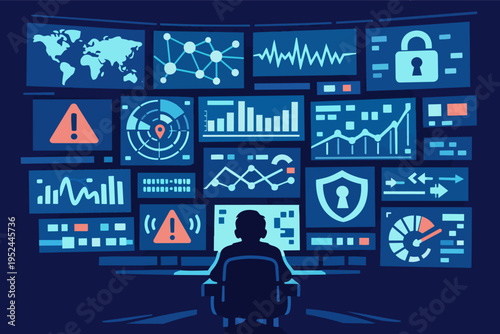 Cybersecurity operation center monitoring network data, it professional analyzing digital threats on multiple screens dashboard