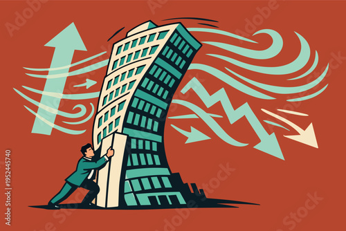 Businessman resisting economic downturn, pushing building against financial crisis and market fluctuations
