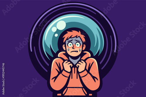 Young man feeling scared and overwhelmed, tears on his face, hands clutching his hoodie, big eye watching him