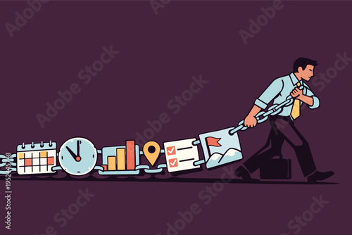 Business man burdened by heavy workload, pulling chained tasks and responsibilities, managing schedule and time to achieve goals