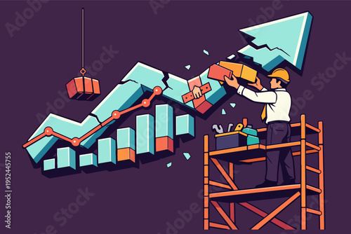 Business professional repairing broken growth chart, rebuilding success strategy, and improving financial metrics