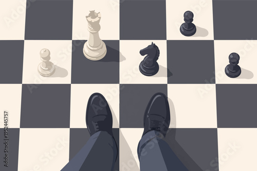 Person standing on chessboard, facing chess pieces, making strategic decisions in business challenge