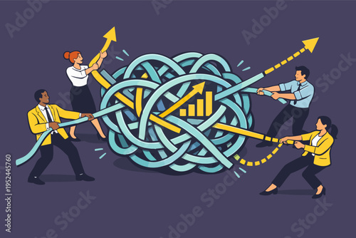 Diverse business team solving a complex problem and untangling a knot to achieve growth and success