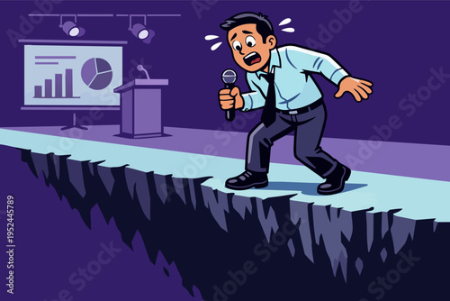 Businessman holding microphone standing at the edge of a crumbling stage, feeling fear and anxiety during a presentation