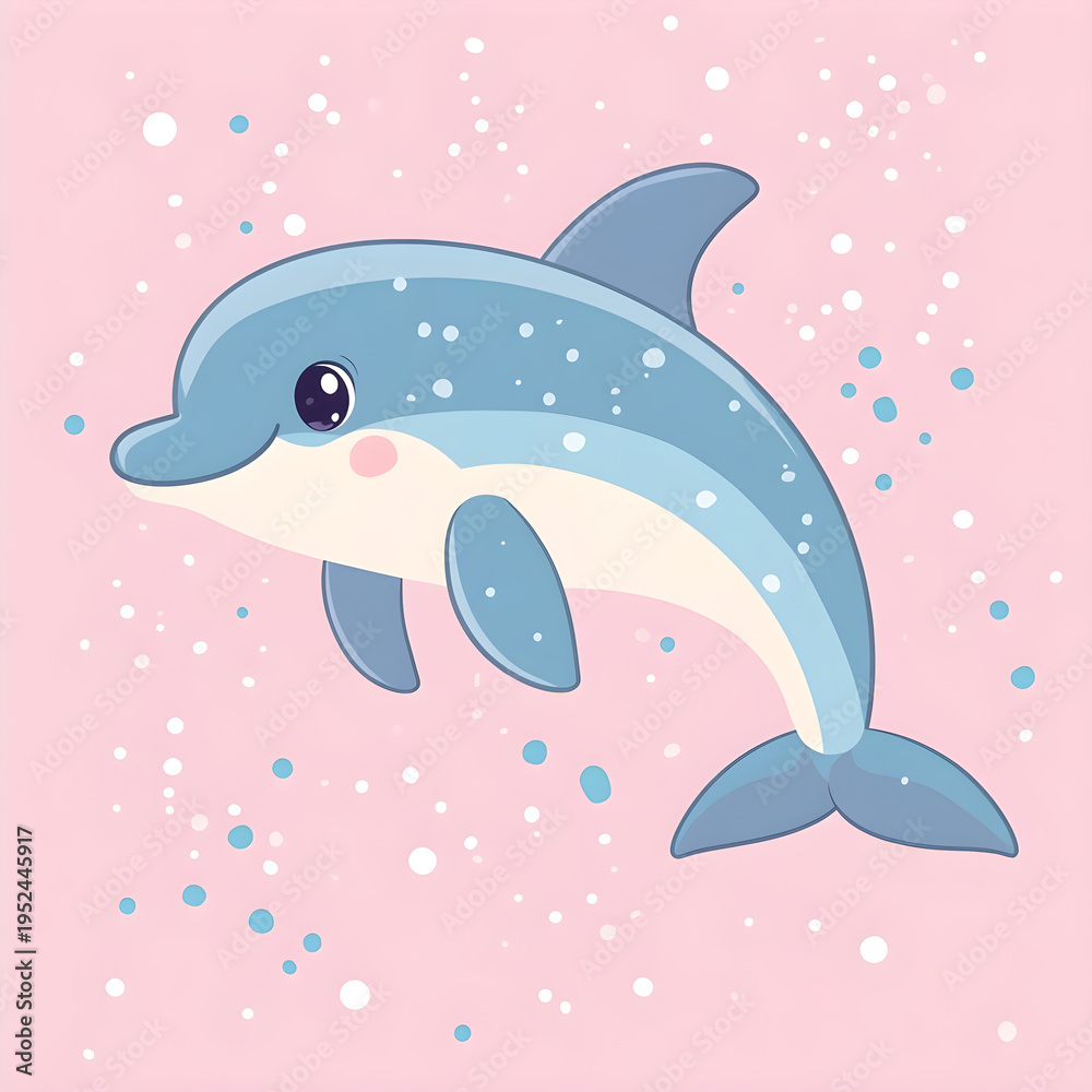 Obraz premium Cute cartoon dolphin swimming in pink water