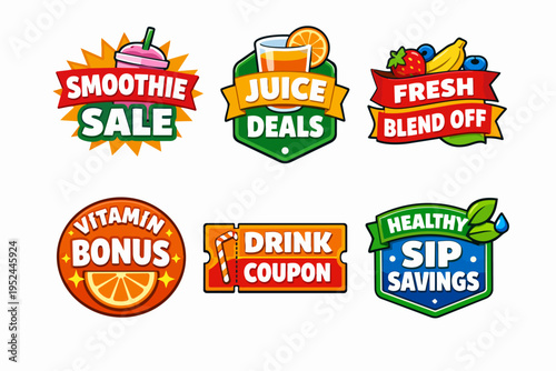 Smoothie, juice, and healthy drink promotion labels offering fresh blend deals