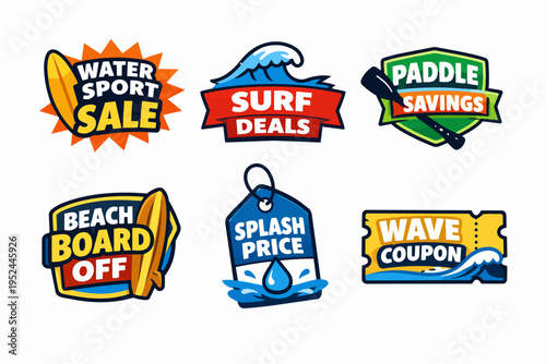 Water sport sale and surf deals collection of badges and stickers