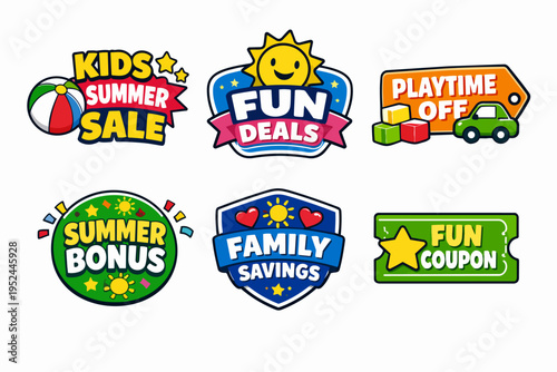 Kids summer sale and fun deals stickers, family savings and playtime coupons