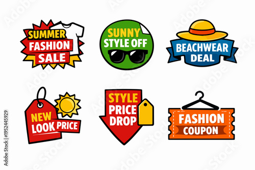 Summer fashion sale and beachwear deals stickers offering seasonal discounts