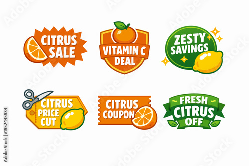 Citrus sale, discount, coupon, and saving labels for fresh fruit promotions