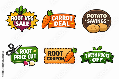 Root vegetable sales promotion badges with carrots, potatoes, and beets for grocery deals