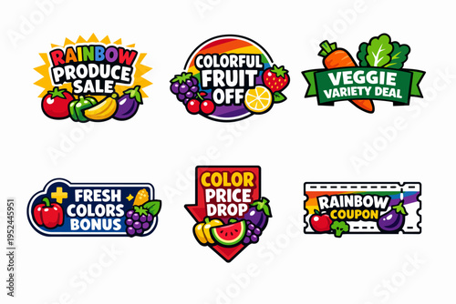 Colorful fruit and vegetable sale badges offering fresh produce deals and coupons