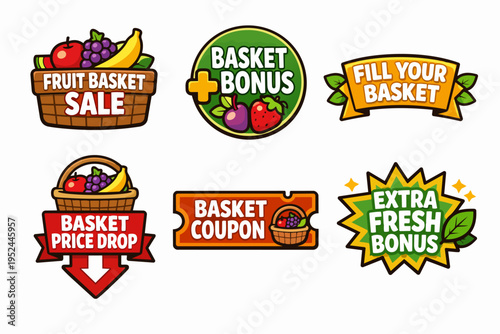 Fruit basket sales and discount badges offering fresh produce promotions