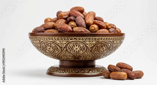 A bowl of dried dates on a decorative plate.