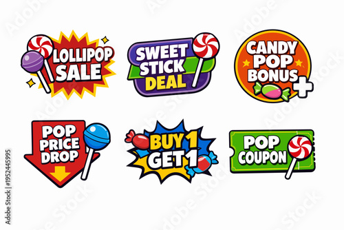 Lollipop and candy sales promotion badges with special pop deals and bonus offers