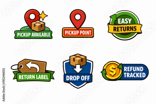 E-commerce logistics and delivery service icons with pickup, drop off, returns, and refund tracking