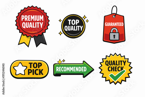 Quality assurance badges and labels for premium products and consumer trust