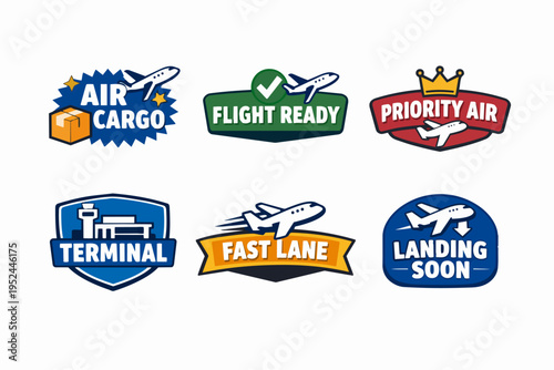 Collection of air travel and cargo logistics badges and airline service icons
