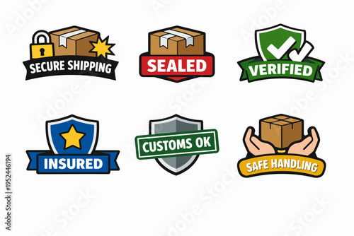 Shipping and logistics service icons ensuring secure, insured, and verified delivery