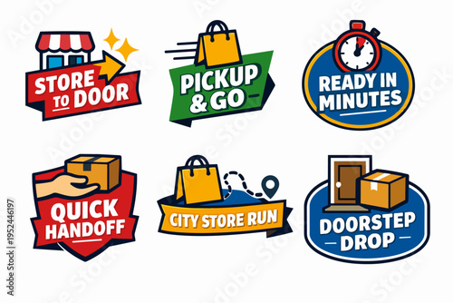 Online shopping and delivery service options badges, quick parcel drop off and pickup labels