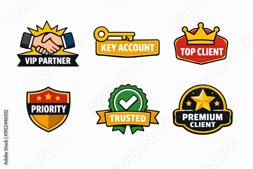 Vip partner, key account, priority, trusted, premium client, top client badges illustrating service