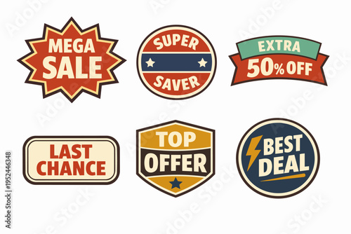 Vintage sale badges offering discount percentages, best deals, and last chance offers