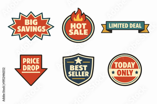 Vintage style collection of commerce badges for retail promotions and sales campaigns