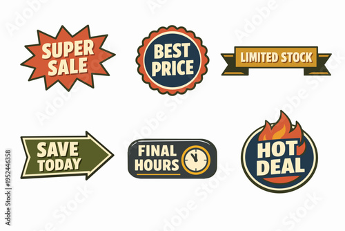 Marketing sale stickers collection offering discounts, best prices, and limited stock deals